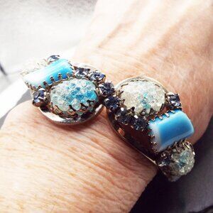 1970'S MOST AMAZING PALE TURQUOISE BLUE GLASS & CRYSTALS HINGED BRACELET BR